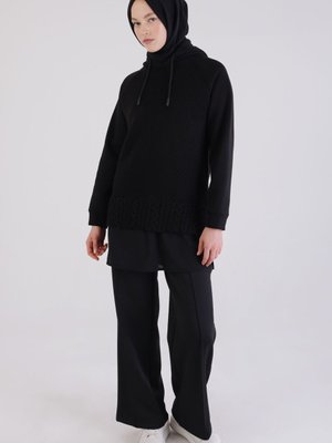 Siyah Triko Garnili Kapüşonlu Sweatshirt