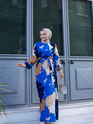 Yaprak Desenli Saks Elbise