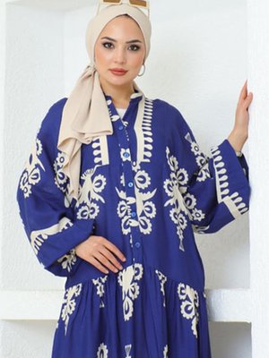 Etnik Desen Premium Kumaş Desenli Viskon Elbise