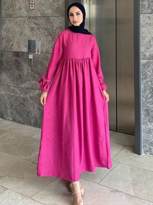 Düşük Kol Bağlamalı Keten Elbise Düşük Kol Bağlamalı Keten Elbise