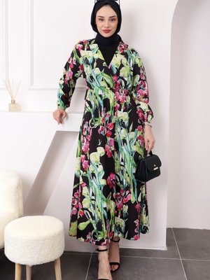 Siyah Kol Bel Lastikli Desenli Elbise Siyah Kol Bel Lastikli Desenli Elbise