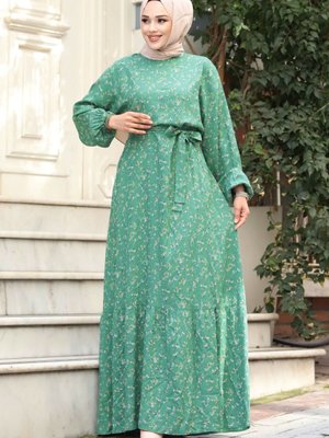 Eteği Volanlı Çiçek Desenli Viskon Elbise