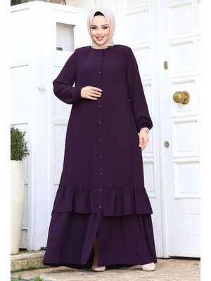 Mürdüm Boydan Düğmeli Eteği Fırfırlı Ferace Mürdüm Boydan Düğmeli Eteği Fırfırlı Ferace