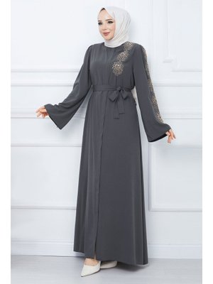 Antrasit Kolu Boncuk İşlemeli Kuşaklı Ferace Antrasit Kolu Boncuk İşlemeli Kuşaklı Ferace