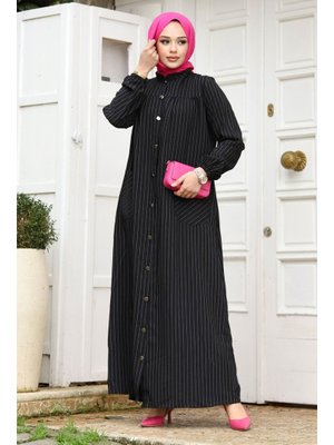 Siyah Robalı Boydan Düğmeli Cepli Ferace