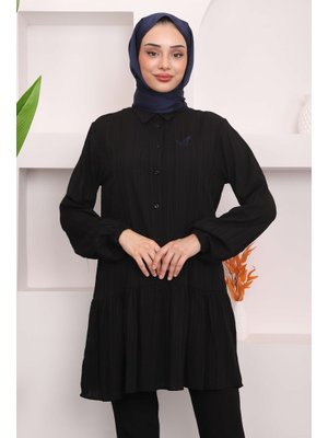 Siyah Kol Lastikli Eteği Katlı Tunik