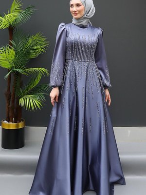 Aysu Taşlı Abiye Elbise Koyu Gri