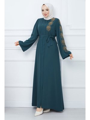 Petrol Kolu Boncuk İşlemeli Kuşaklı Ferace Petrol Kolu Boncuk İşlemeli Kuşaklı Ferace