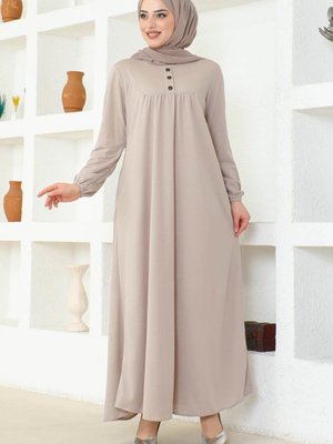 Düğme Detaylı Robalı Elbise Bej