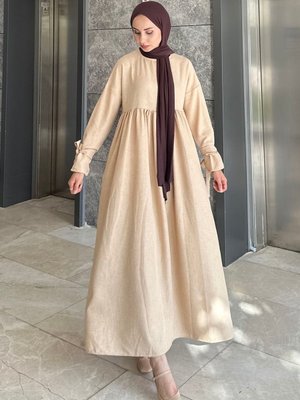 Düşük Kol Bağlamalı Keten Elbise Düşük Kol Bağlamalı Keten Elbise