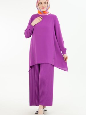 Armine Trend Yanları Nakış Detay Tunik Pilise Pantolonlu İkili Takım Erguvan