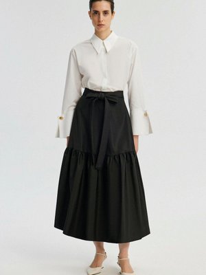 Büzgü Detaylı Beli Kuşaklı Etek