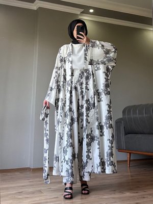 Siyah Desen Kemerli Kimono Takım