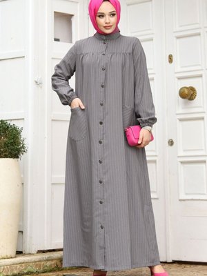 Robalı Boydan Düğmeli Cepli Ferace Gri