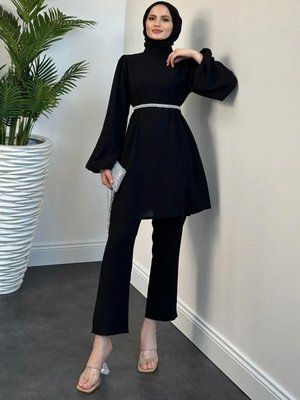 Larmina Beli İncili Pantolon Takım Siyah