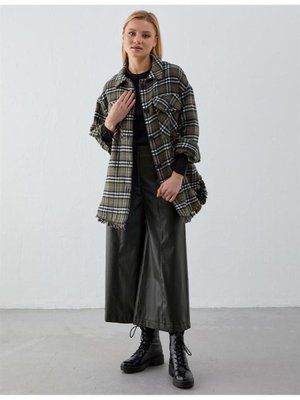 Püsküllü Ekose Yeşil Kiremit Ceket