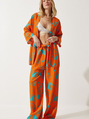Gök Mavi Oranj Desenli Kimono Palazzo Pantolon Takım