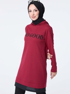 Düz Kapüşonlu Yaka Bordo Sweat Düz Kapüşonlu Yaka Bordo Sweat