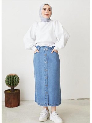 Düğmeli Kot Etek