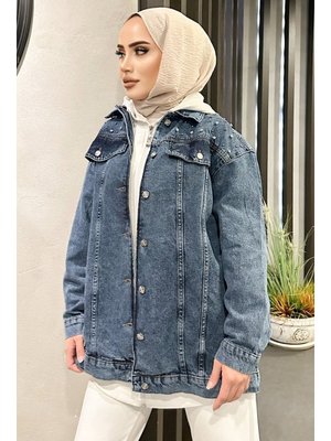 Koyu Mavi Taş Detaylı Kot Ceket