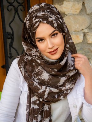 Kahve Beyaz Desenli Hazır Şifon Şal