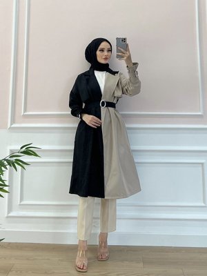 İki Renk Trençkot Siyah Bej