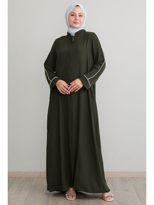 Salvia Salaş Kol Biye Desenli Haki Ferace