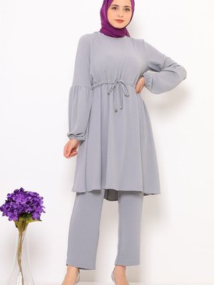 Bel Büzgülü İkili Tesetür Takım Gri Bel Büzgülü İkili Tesetür Takım Gri