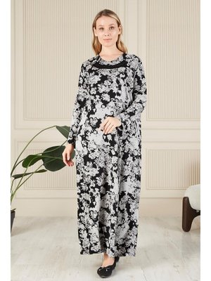 Siyah Buyuk Beden Yakası Taşlı Menekşe Elbise