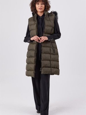 Kürk Yaka Midi Şişme Haki Yelek