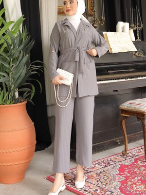 Gri Cep Detaylı Çizgili Ceket Pantolon İkili Takım
