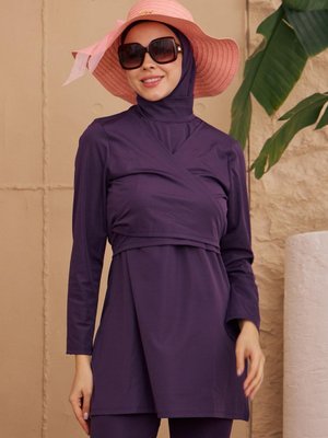 Mor Kruvaze Görünüm Kelebek Model Tam Kapalı Mayo