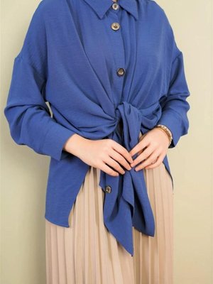 Düğmeli Mavi Uzun Gömlek Tunik