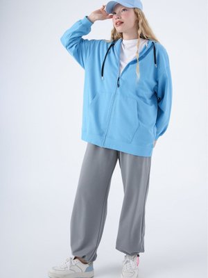 Mavi Pamuklu Oversize Kapüşonlu Sweat Hırka Mavi Pamuklu Oversize Kapüşonlu Sweat Hırka
