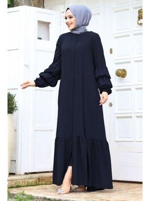 Lacivert Çift Balon Kol Detaylı Eteği Volanlı Ferace Lacivert Çift Balon Kol Detaylı Eteği Volanlı Ferace