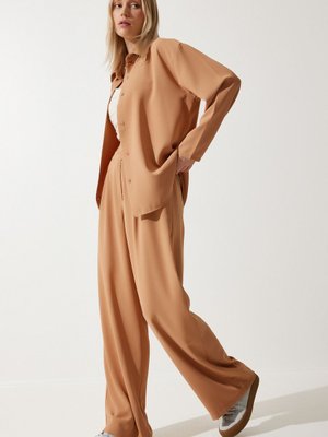 Bisküvi Mevsimlik Dokuma Gömlek Palazzo Pantolon Takım