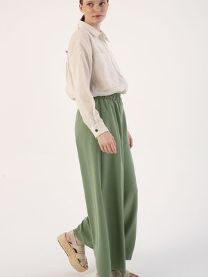 Yeşil01 Beli Lastikli Bol Paça Doğal Kumaş Pantolon