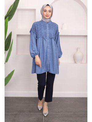 İndigo Dantelli Kol Lastikli Tunik