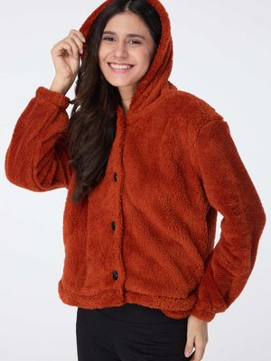 Düz Kapüşonlu Yaka Kiremit Ceket