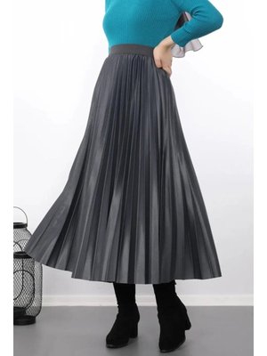 Antrasit Deri Görünümlü Piliseli Etek