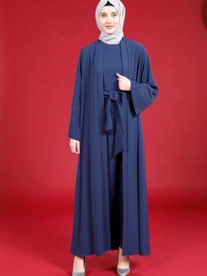 Lacivert Önü Bağlamalı Geniş Manşet Renk Abaya