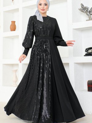 Sim Tüllü Krep Abiye Elbise Siyah