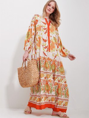 Turuncu V Yaka Önü Düğmeli Desenli Maxi Boy Dokuma Viskon Elbise Alc