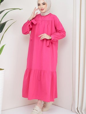 Robalı Kol Ucu Bağlamalı Elbise Fuşya Robalı Kol Ucu Bağlamalı Elbise Fuşya