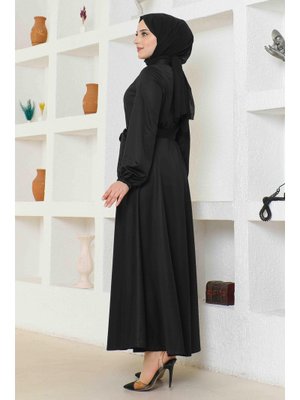 Siyah Önden Fermuarlı Taş Detaylı Ferace
