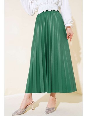 Yeşil Deri Görünümlü Piliseli Etek