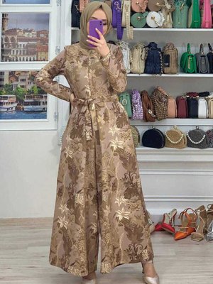 Güğüs Kısmı Gizli Düğmeli Bel Kuşaklı Baskı Desenli Tulum Vizon