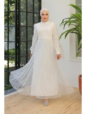 Beyaz Payetli Tül Abiye Elbise