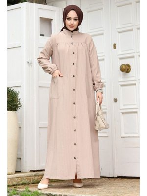 Bej Robalı Boydan Düğmeli Cepli Ferace