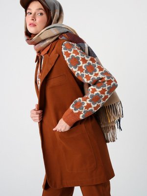 Açık Kahve Pamuklu Ceket Yakalı Kuşaklı Uzun Yelek